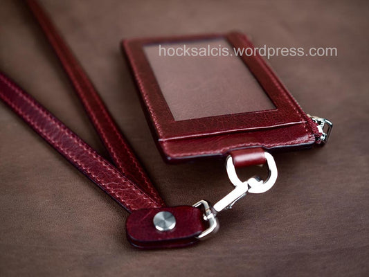 Oxblood Leather Staff Pass Lanyard Card Holder with coin pouch