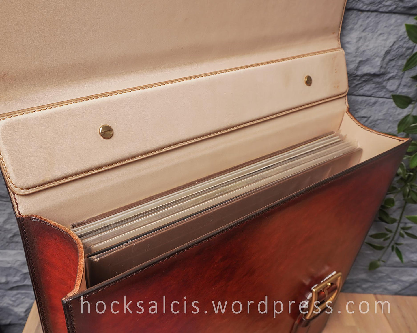 Custom LP vinyl record leather briefcase bag reddish brown patina