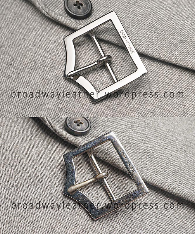 Close-up of two Dior Homme belt buckles in comparison side by side, one before repair and one after repair