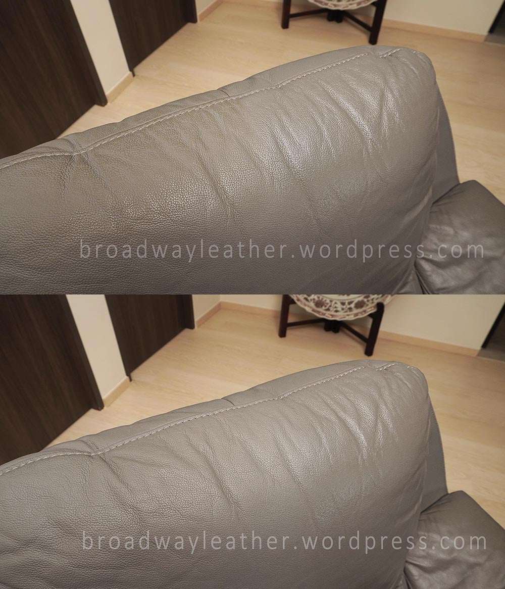 before and after cleaning the back cushion of leather sofa armchair