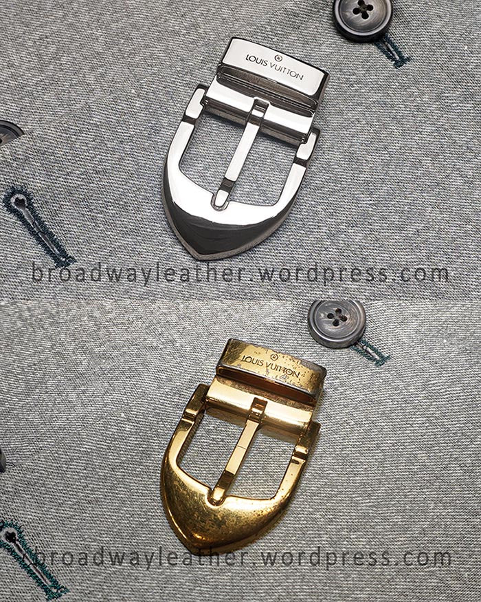 Two belt buckles, one worn out gold, and one freshly repaired via re-electroplating in nickel, with 'Louis Vuitton' branding.