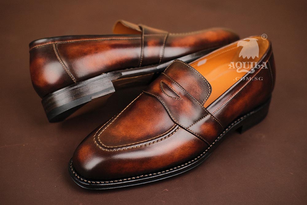 Formal Leather Loafer Wide Feet Brown Patina Singapore | Aquila