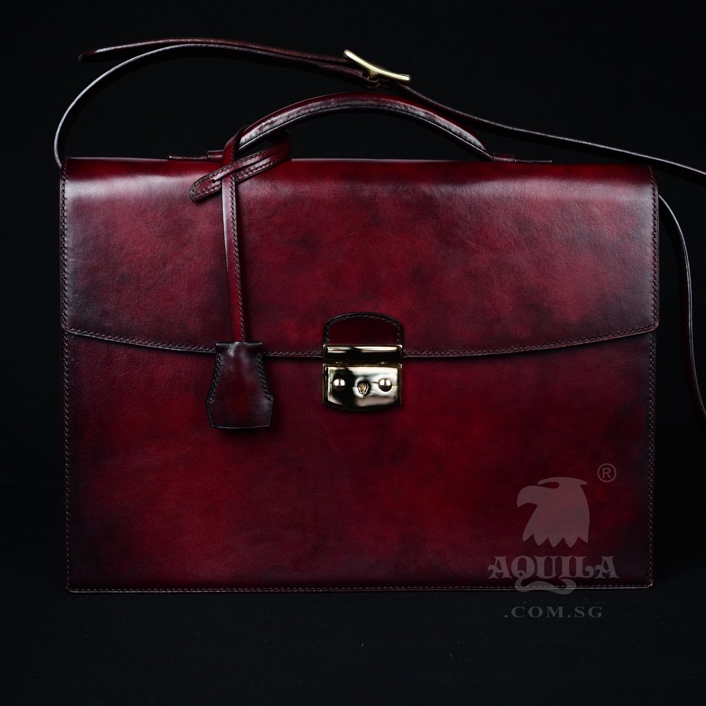 Aquila men's designer leather briefcase oxblood patina