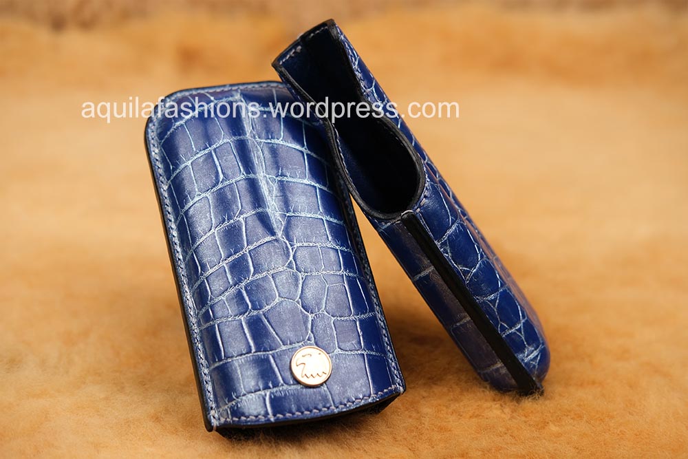 Aquila blue silver rub off crocodile leather cigar case