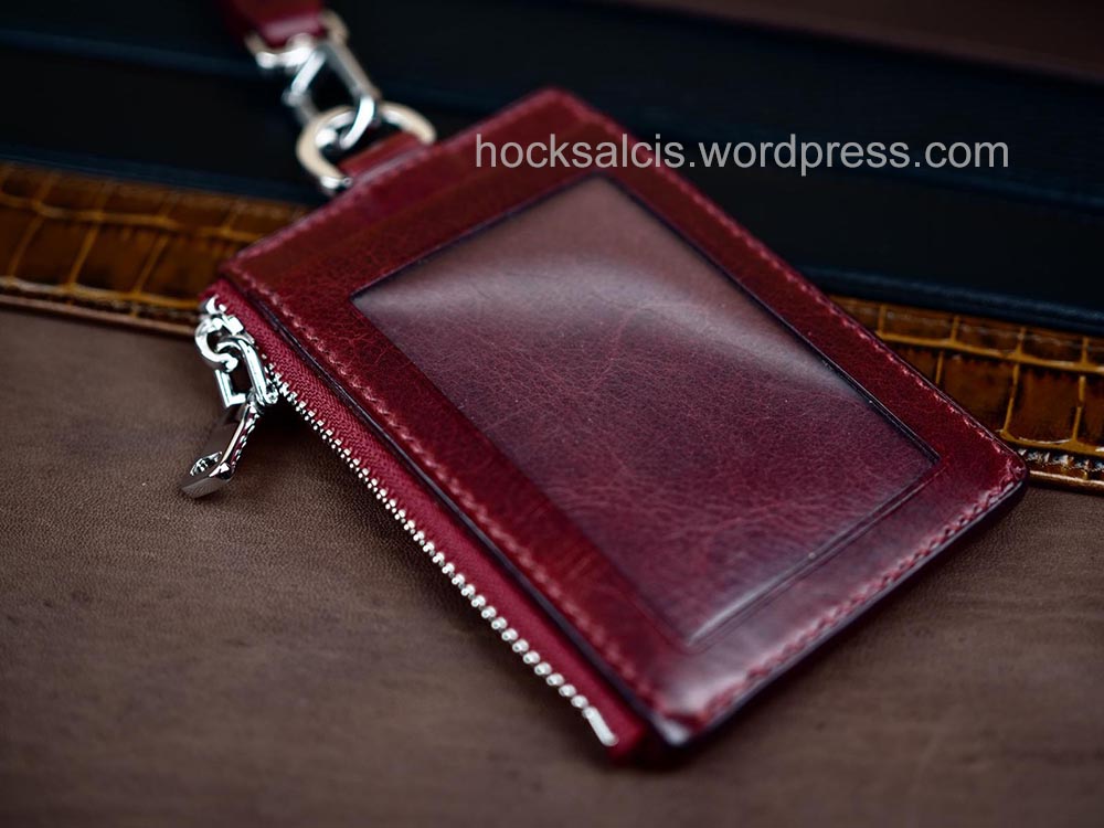 Oxblood Leather Staff Pass Lanyard Card Holder with coin pouch