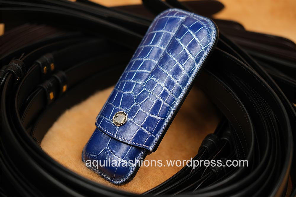 Aquila blue silver rub off crocodile leather cigar case