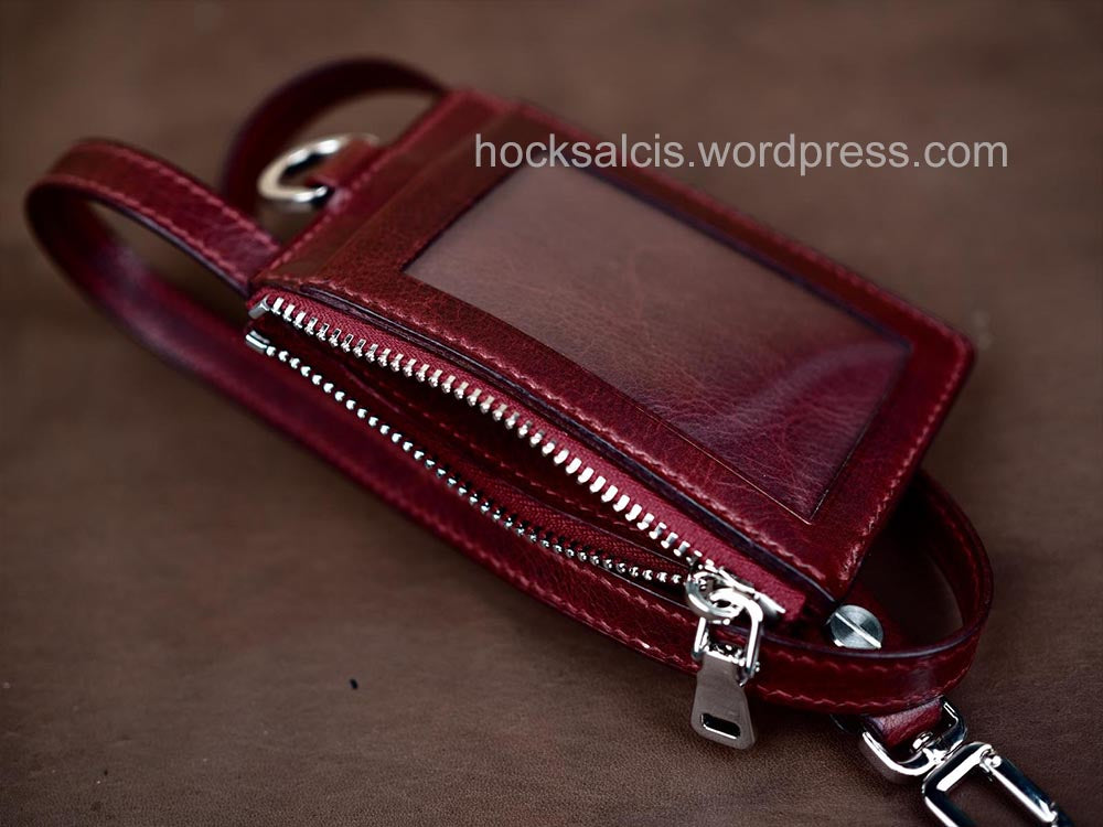 Oxblood Leather Staff Pass Lanyard Card Holder with coin pouch