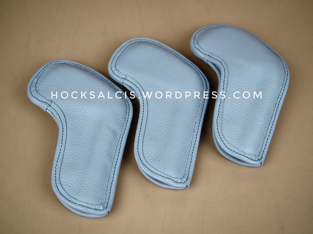 Custom personalized leather golf club head covers pastel blue