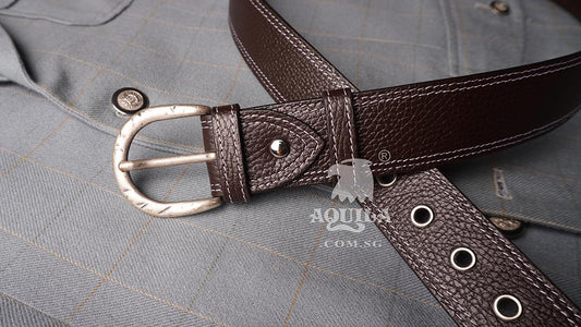 Aquila 40mm double stitch full grain leather belt with eyelets grommets (40502)