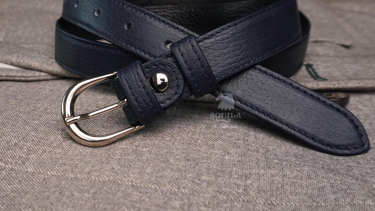 25mm (1 inch) skinny thin leather belts navy blue