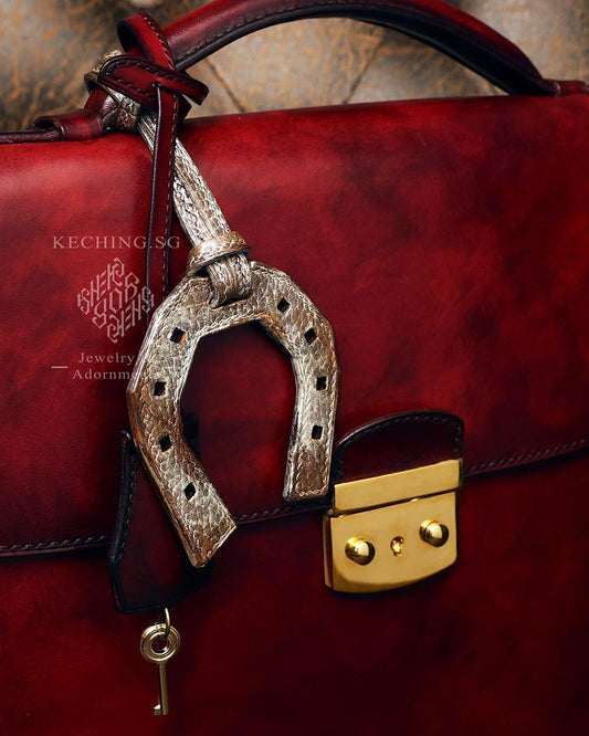 Leather horse shoe bag charm rustic rust iron