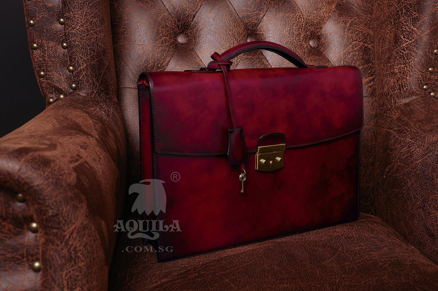 Aquila men's designer leather briefcase oxblood patina