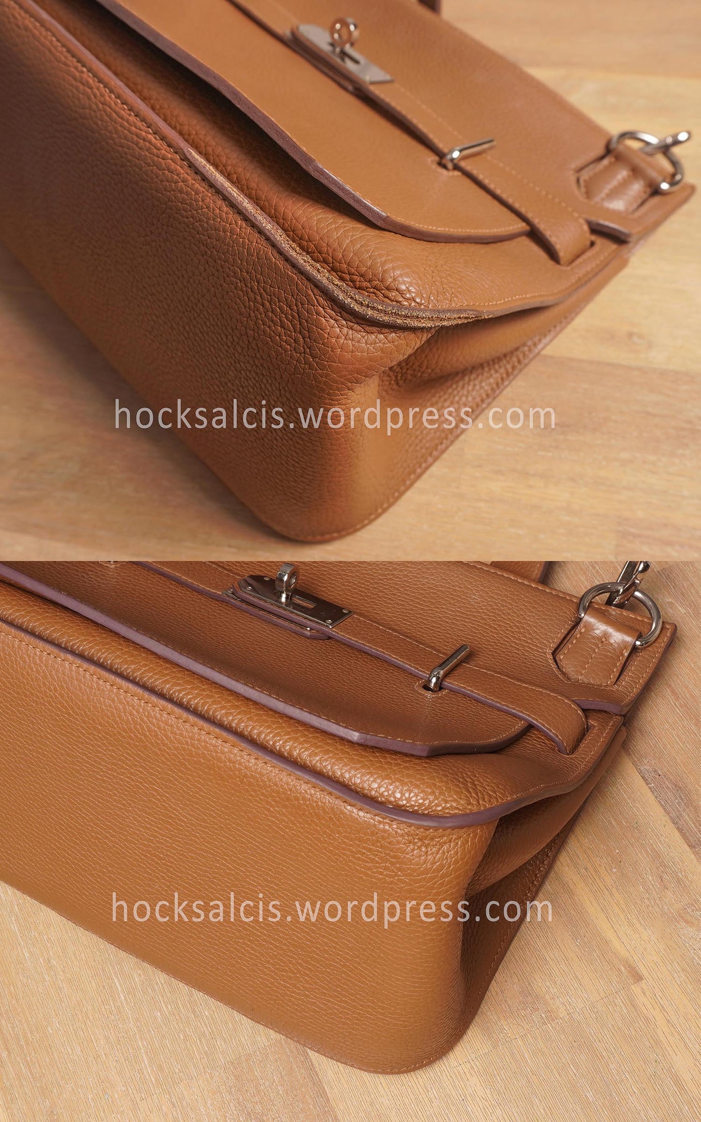 Before and after photo of an Hermes bag that was repaired and restored in Singapore.
