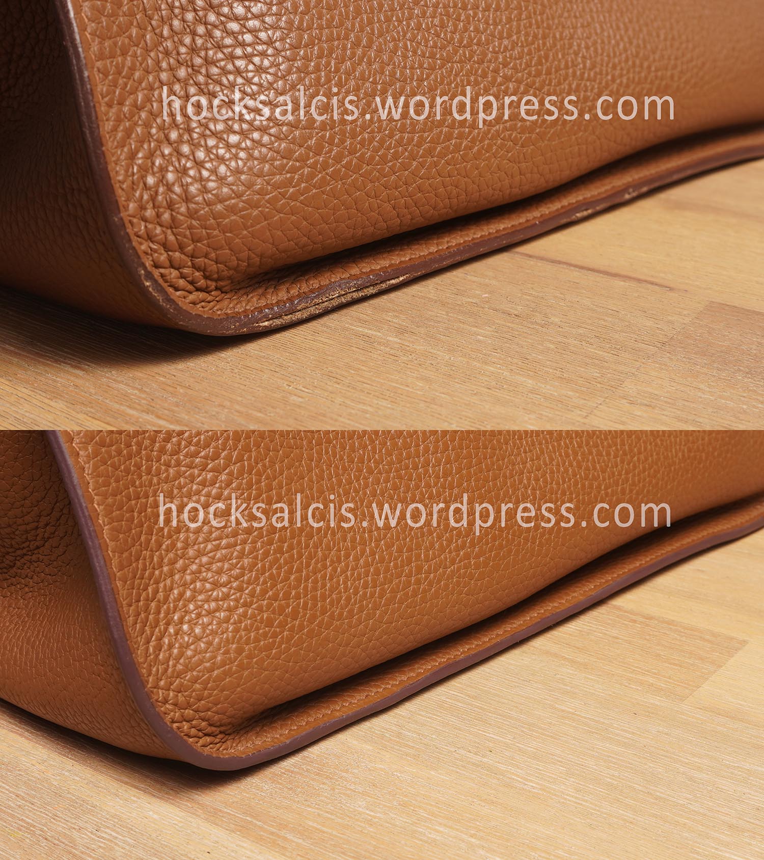 Before and after photo of an Hermes bag of which the damaged edge paint was repaired in Singapore.