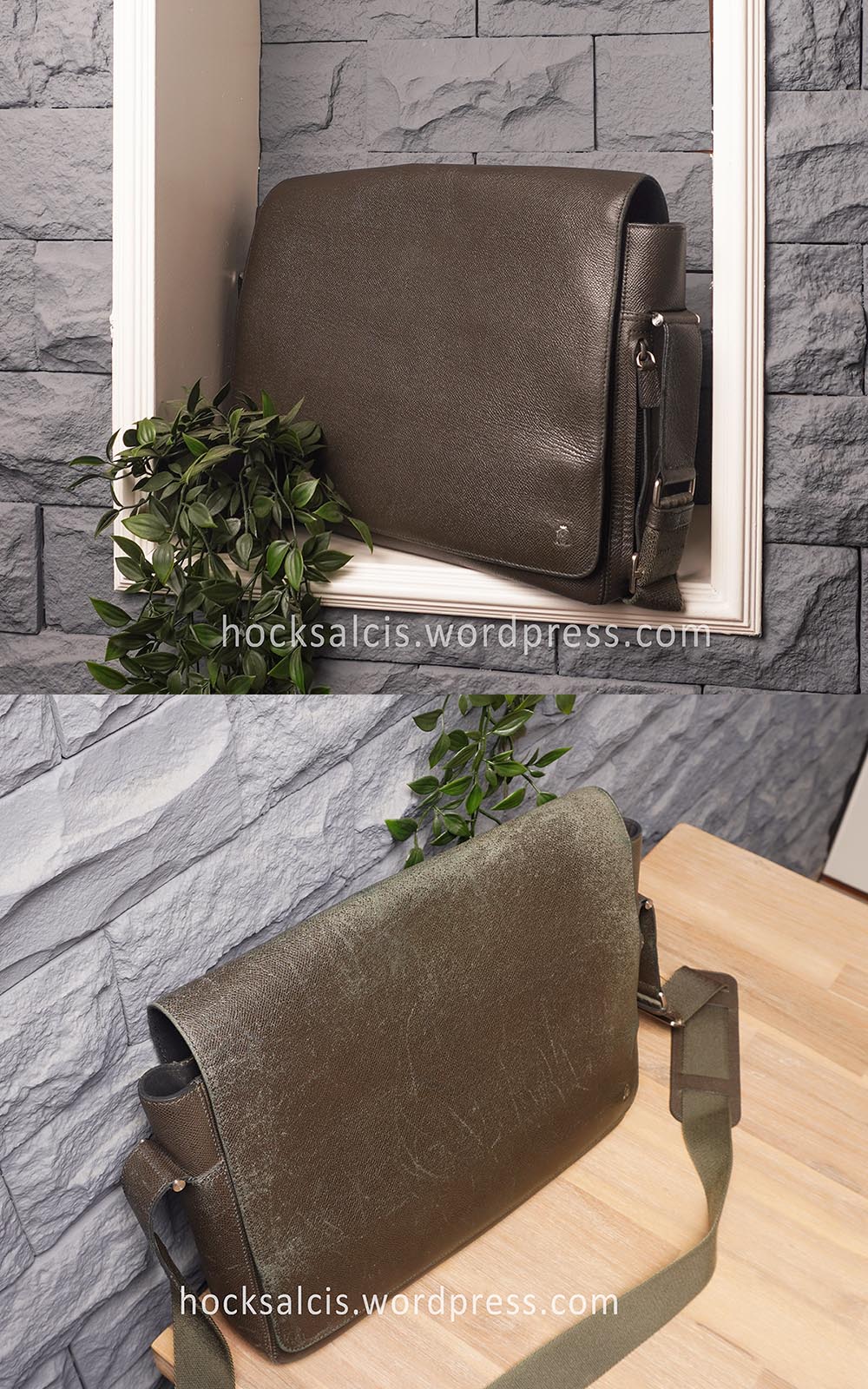 Before and after photo of a recoloured Dunhill luxury leather bag, restored in Singapore.