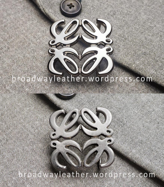 Side by side comparison of Loewe belt buckle, before and after repairing, polishing and electroplating