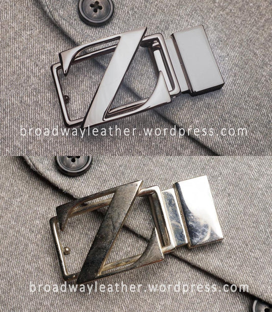 Side by side comparison of Zegna belt buckle, before and after repairing, polishing and electroplating