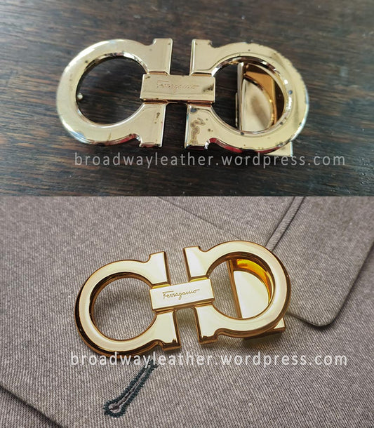Side by side comparison of Ferragamo belt buckle, before and after repair, polishing and electroplating