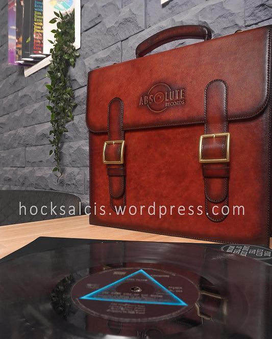 Custom LP vinyl record leather briefcase bag reddish brown patina