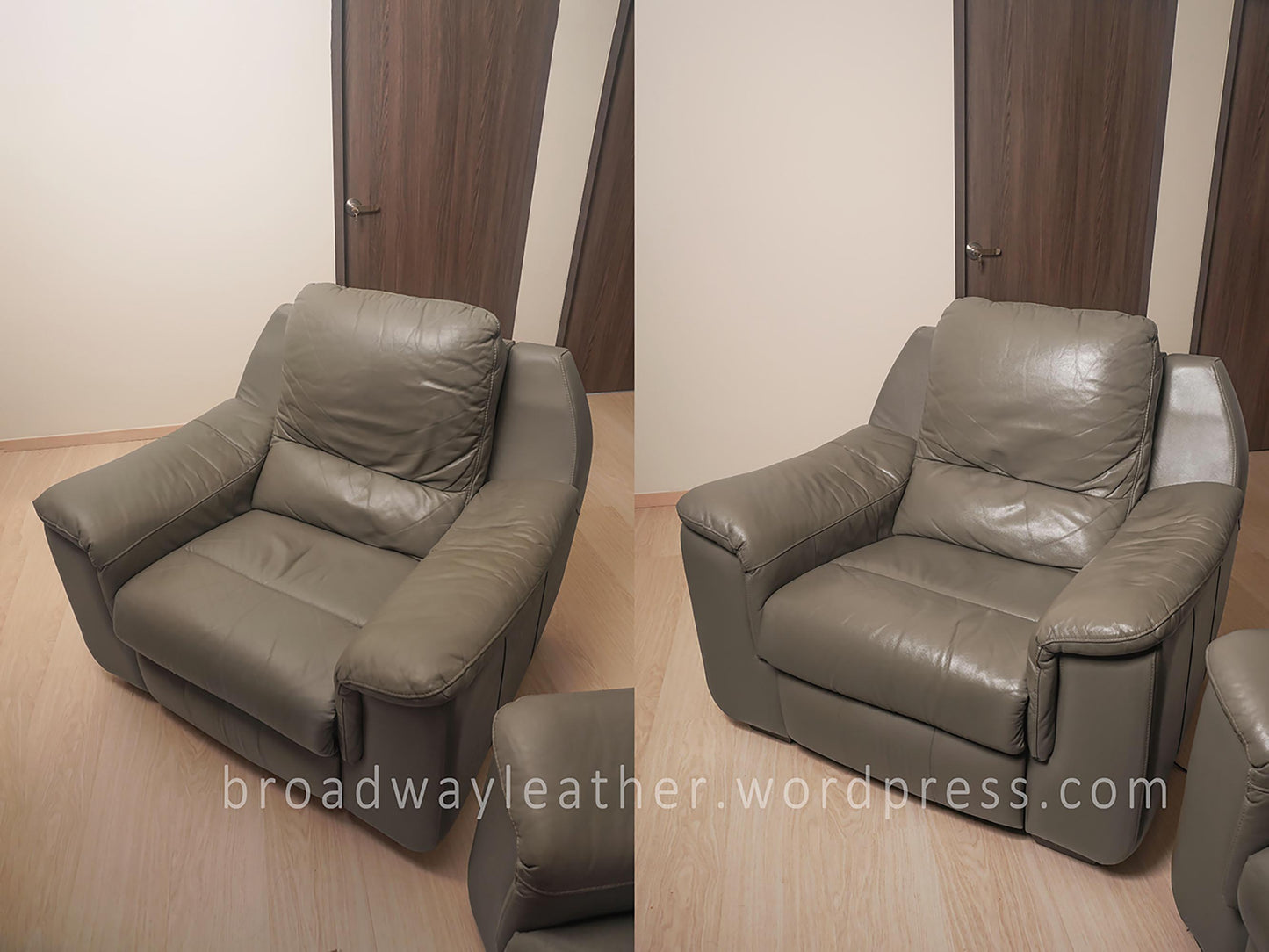 before and after polishing and waxing of leather armchair