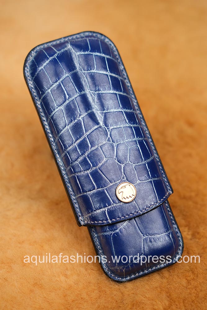 Aquila blue silver rub off crocodile leather cigar case