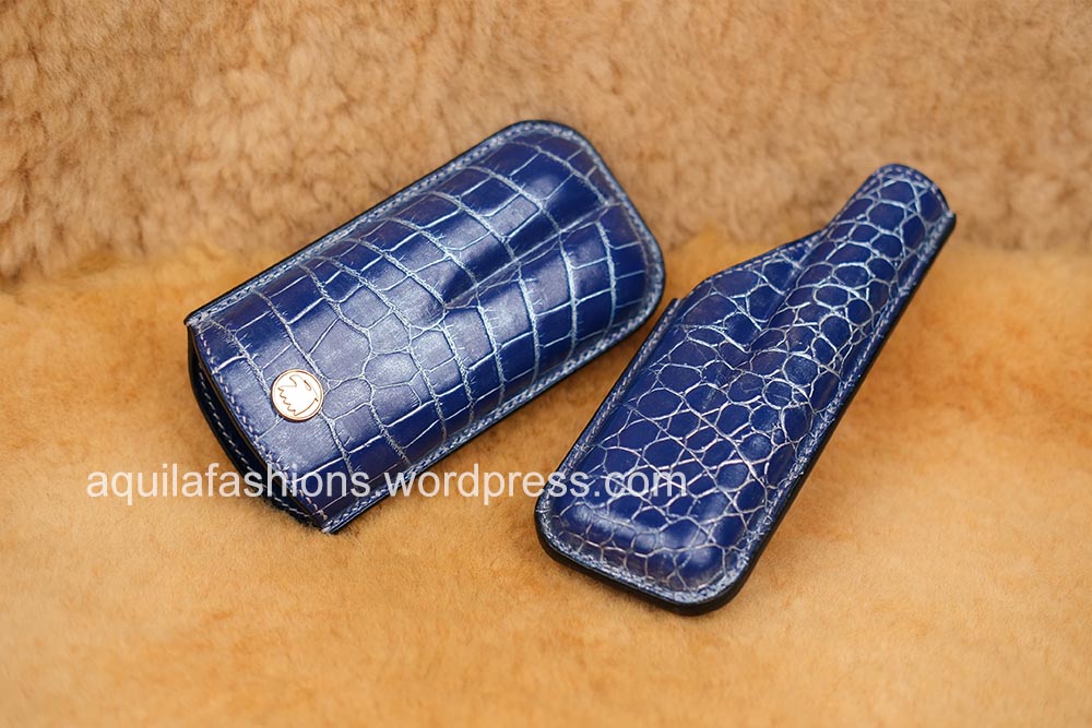 Aquila blue silver rub off crocodile leather cigar case